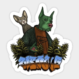 Crazy Dog with Cat in Bush Sticker